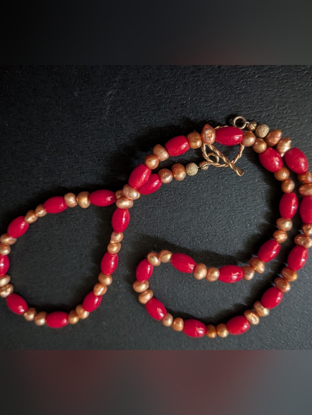 :
Vintage Red & Gold Beaded Statement Necklace • Freshwater Pearl Accent Style